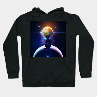 Cat Watching Sunset Sitting on Crescent Moon from Earth Space View - Eclipse Hoodie